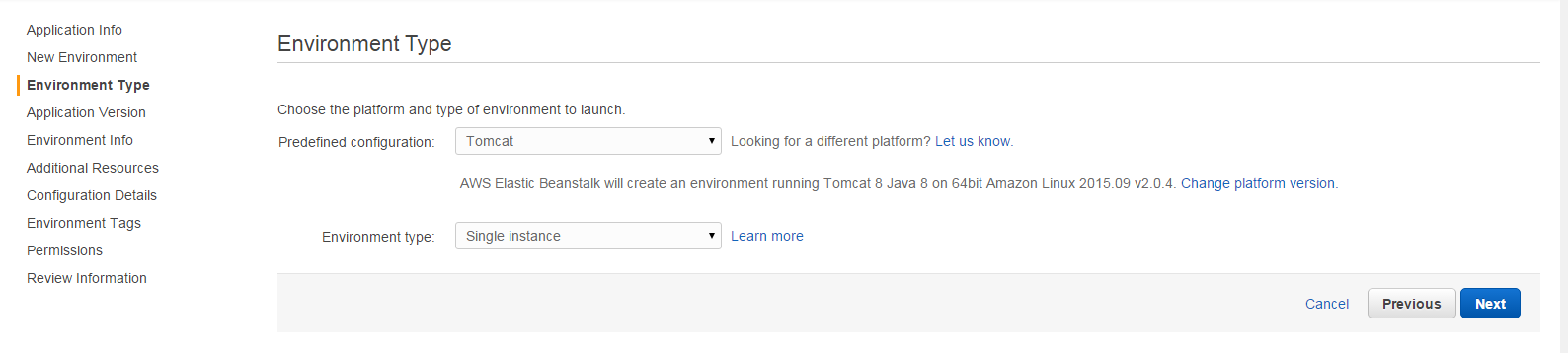 Elastic Beanstalk choose environment type